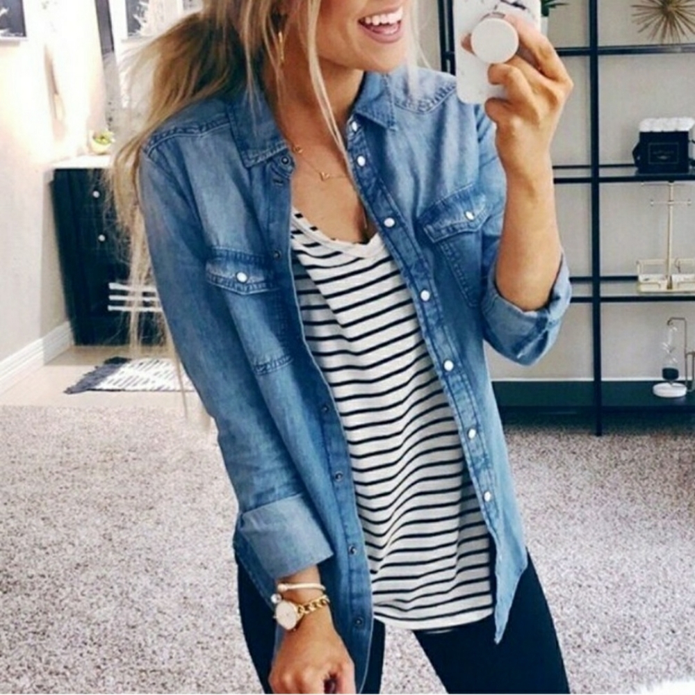 XS Denim Chambray Long Sleeve Button-Up